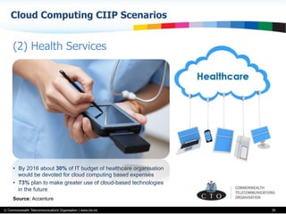 © Commonwealth Telecommunications Organisation | www.cto.int
Cloud Computing CIIP Scenarios
59
(2) Health Services
•  By 2016 about 30% of IT budget of healthcare organisation
would be devoted for cloud computing based expenses
•  73% plan to make greater use of cloud-based technologies
in the future
Source: Accenture
 