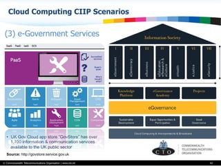 © Commonwealth Telecommunications Organisation | www.cto.int
Cloud Computing CIIP Scenarios
62
(3) e-Government Services
•  UK Gov Cloud app store “GovStore” has over
1,700 information & communication services
available to the UK public sector
Source: http://govstore.service.gov.uk
 