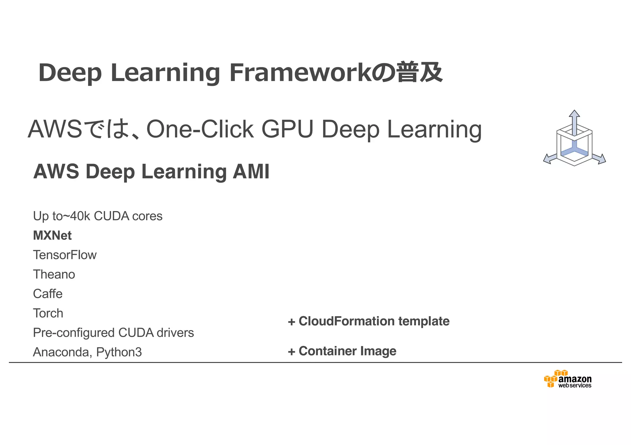 AWSでは、One-Click GPU Deep Learning
AWS Deep Learning AMI
Up to~40k CUDA cores
MXNet
TensorFlow
Theano
Caffe
Torch
Pre-configured CUDA drivers
Anaconda, Python3
+ CloudFormation template
+ Container Image
Deep Learning Frameworkの普及
 