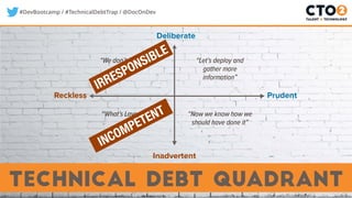 #DevBootcamp / #TechnicalDebtTrap / @DocOnDev
technical debt quadrant
Reckless
Inadvertent
Prudent
Deliberate
“We don’t have time
for design”
“Let’s deploy and
gather more
information”
“Now we know how we
should have done it”
“What’s Layering?”
IRRESPONSIBLE
INCOMPETENT
 