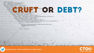 #DevBootcamp / #TechnicalDebtTrap / @DocOnDev
DataSet aDs, qDs;
aDs = _dbConnector.UpdateAgentList();
qDs = _dbConnector.GetQueueList();
foreach (DataTable aTable in aDs.Tables) {
foreach (DataRow aRow in aTable.Rows) {
foreach (DataColumn aColumn in aTable.Columns) {
DataSet asDs = _dbConnector.GetAgentSkills(aRow[aColumn].ToString());//AgentId
foreach (DataTable asTable in asDs.Tables) {
foreach (DataRow asRow in asTable.Rows) {
foreach (DataColumn asColumn in asTable.Columns) {
foreach (DataTable qTable in qDs.Tables) {
foreach (DataRow qRow in qTable.Rows) {
foreach (DataColumn qColumn in qTable.Columns) {
DataSet sqDs = _dbConnector.GetSkillsForQueue(qRow[qColumn].ToString());
foreach (DataTable sqTable in sqDs.Tables) {
foreach (DataRow sqRow in sqTable.Rows) {
foreach (DataColumn sqColumn in sqTable.Columns) {
foreach (string skill in sqRow[sqColumn].ToString().Split(paramDelimStr)) {
if (skill == asRow[asColumn].ToString()) {
try {
_dbConnector.SetAgentQueueSkill(aRow[aColumn].ToString(),
qRow[qColumn].ToString(),
skill);
}
catch { continue; }
}
}
}
}
}
}
}
}
}
}
}
}
}
}
cruft or debt?
 
