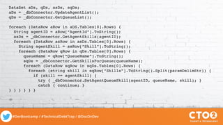 #DevBootcamp / #TechnicalDebtTrap / @DocOnDev
DataSet aDs, qDs, asDs, sqDs;
aDs = _dbConnector.UpdateAgentList();
qDs = _dbConnector.GetQueueList();
foreach (DataRow aRow in aDS.Tables[0].Rows) {
String agentID = aRow[“AgentId”].ToString();
asDs = _dbConnector.GetAgentSkills(agentID);
foreach (DataRow asRow in asDs.Tables[0].Rows) {
String agentSkill = asRow[“Skill”].ToString();
foreach (DataRow qRow in qDs.Tables[0].Rows) {
queueName = qRow[“QueueName”].ToString();
sqDs = _dbConnector.GetSkillsForQueue(queueName);
foreach (DataRow sqRow in sqDs.Tables[0].Rows) {
foreach (string skill in sqRow[“Skills”].ToString().Split(paramDelimStr)) {
if (skill == agentSkill) {
try { _dbConnector.SetAgentQueueSkill(agentID, queueName, skill); }
catch { continue; }
} } } } } }
 