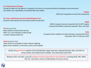 U.S. Department of Energy
During an attack on the agency's computers and servers, the personal data of employees and contractors
was stolen, but, reportedly, no classified data was leaked.
Twitter
250k were requested to reset their passwords
Japan (September 2012)
Japan faced an onslaught of cyber attacks targeting
government websites, universities, banks and hospitals
NASA
NASA’s Inspector General reported that 13 APT attacks
compromised NASA computers between 2011 and 2012
NY Times, Wall Street Journal and Washington Post
Sensitive information from journalists stolen during 2013
India
112 government websites of India had been compromised from
December 2011 to February 2012
ITU (December 2012)
Main website compromised during
WCIT-12, in the attempt of obstructing
a treaty-making conference
Almost all governments website of the UN Member States have been attacked between 2011 and 2012 at
various levels, from defacement to DDOS, from phishing to data theft
Between 2011 and 2012, some 20 intergovernmental organizations and UN bodies, including IAEA, IMF, UNDP,
UN, ITU, have been victims of cyberattacks of various nature
 
