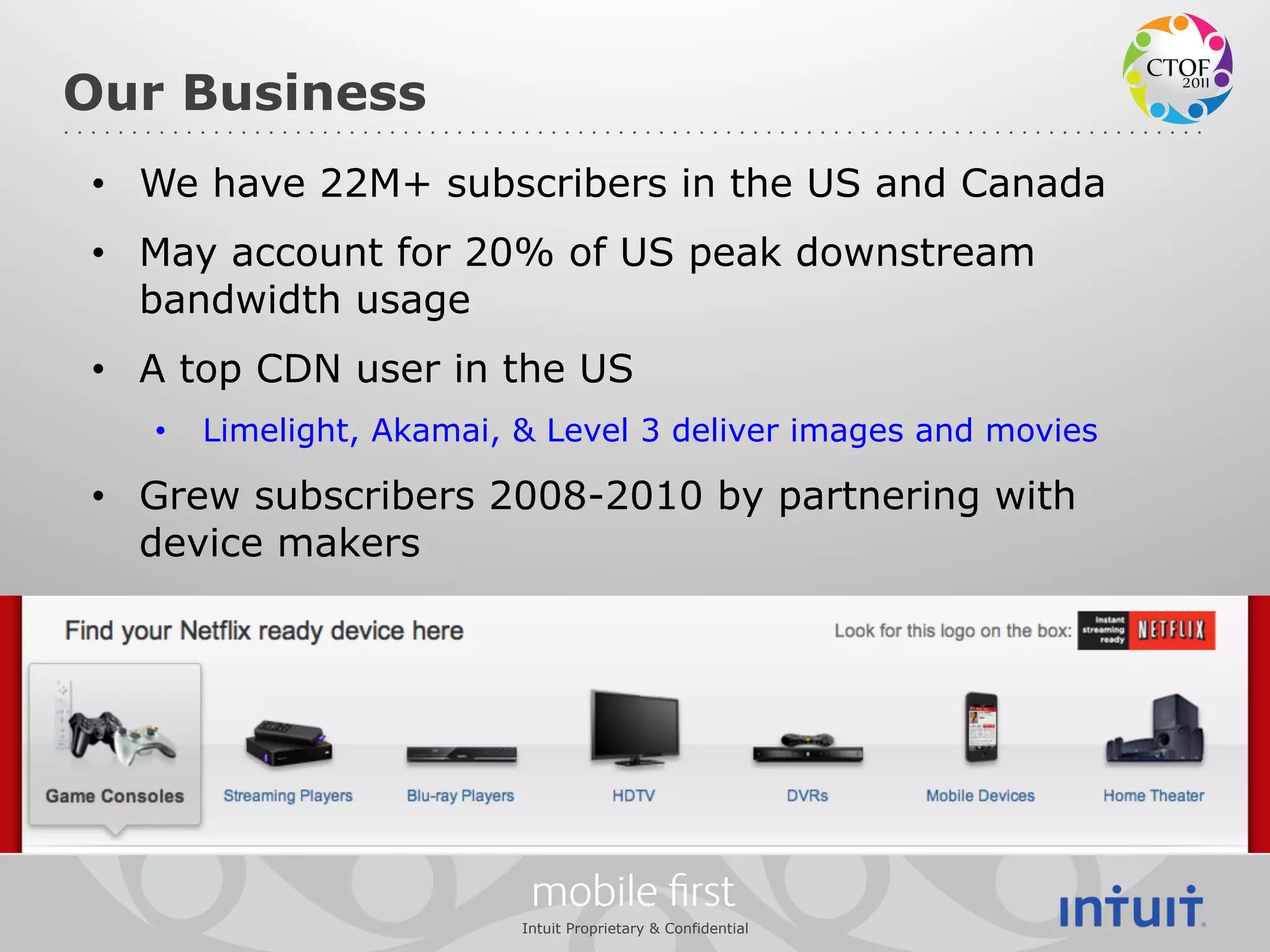 Our Business
•  We have 22M+ subscribers in the US and Canada
•  May account for 20% of US peak downstream
   bandwidth usage
•  A top CDN user in the US
   •    Limelight, Akamai, & Level 3 deliver images and movies

•  Grew subscribers 2008-2010 by partnering with
   device makers




                            mobile ﬁrst
                           Intuit Proprietary & Confidential
 