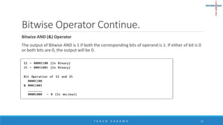 Bitwise Operator Continue.
Bitwise AND (&) Operator
The output of Bitwise AND is 1 if both the corresponding bits of operand is 1. If either of bit is 0
or both bits are 0, the output will be 0.
T A R U N S H A R M A 21
 