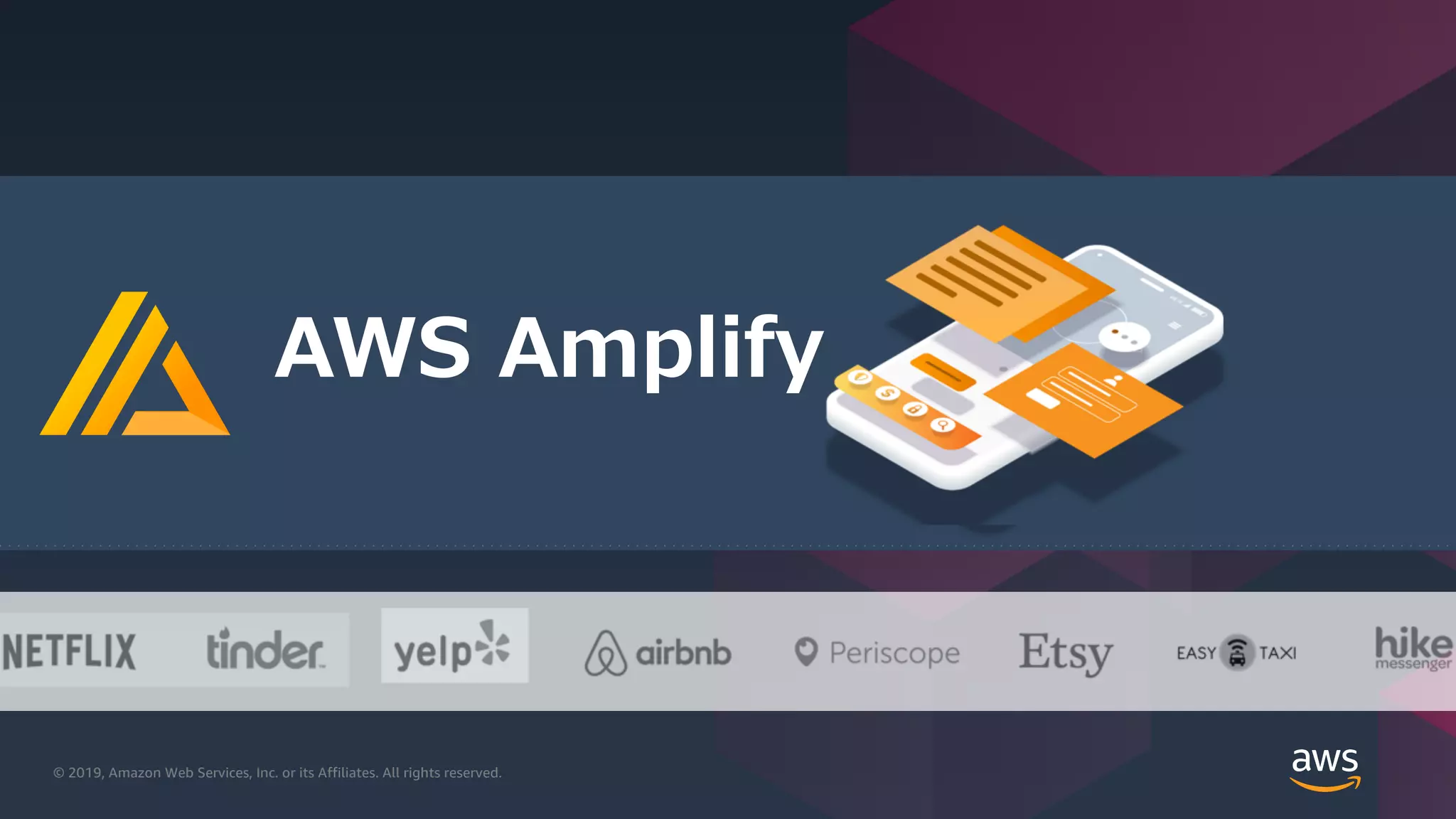 © 2019, Amazon Web Services, Inc. or its affiliates. All rights reserved.© 2019, Amazon Web Services, Inc. or its Affiliates. All rights reserved.
AWS Amplify
 