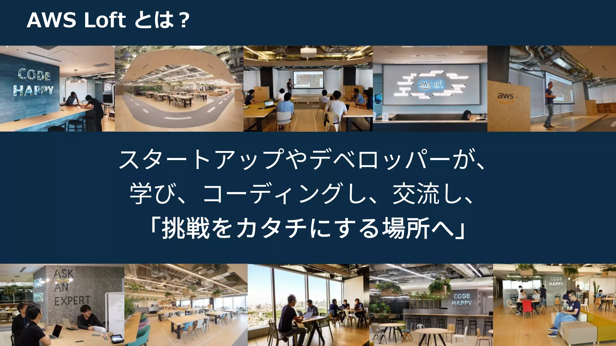 © 2019, Amazon Web Services, Inc. or its affiliates. All rights reserved.
AWS Loft とは︖
スタートアップやデベロッパーが、
学び、コーディングし、交流し、
「挑戦をカタチにする場所へ」
 
