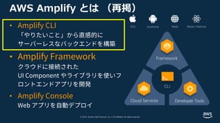© 2019, Amazon Web Services, Inc. or its affiliates. All rights reserved.
AWS Amplify とは （再掲）
• Amplify CLI
「やりたいこと」から直感的に
サーバーレスなバックエンドを構築
• Amplify Framework
クラウドに接続された
UI Component やライブラリを使いフ
ロントエンドアプリを開発
• Amplify Console
Web アプリを⾃動デプロイ
 