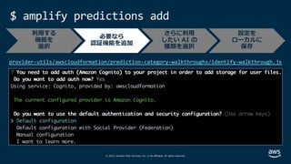 © 2019, Amazon Web Services, Inc. or its affiliates. All rights reserved.
$ amplify predictions add
provider-utils/awscloudformation/prediction-category-walkthroughs/identify-walkthrough.js
必要なら
認証機能を追加
さらに利⽤
したい AI の
種類を選択
設定を
ローカルに
保存
利⽤する
機能を
選択
 