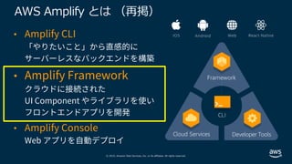 © 2019, Amazon Web Services, Inc. or its affiliates. All rights reserved.
AWS Amplify とは （再掲）
• Amplify CLI
「やりたいこと」から直感的に
サーバーレスなバックエンドを構築
• Amplify Framework
クラウドに接続された
UI Component やライブラリを使い
フロントエンドアプリを開発
• Amplify Console
Web アプリを⾃動デプロイ
 