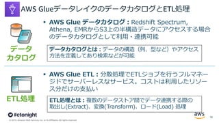 © 2019, Amazon Web Services, Inc. or its Affiliates. All rights reserved.
AWS GlueデータレイクのデータカタログとETL処理
データ
カタログ
§ AWS Glue データカタログ︓Redshift Spectrum,
Athena, EMRからS3上の半構造データにアクセスする場合
のデータカタログとして利⽤・連携可能
§ AWS Glue ETL︓分散処理でETLジョブを⾏うフルマネー
ジドでサーバーレスなサービス。コストは利⽤したリソー
ス分だけの⽀払い
ETL処理
16
データカタログとは︓データの構造（列、型など）やアクセス
⽅法を定義してあり検索などが可能
ETL処理とは︓複数のデータストア間でデータ連携する際の
取出し(Extract)、変換(Transform)、ロード(Load) 処理
 