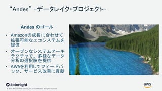 © 2019, Amazon Web Services, Inc. or its Affiliates. All rights reserved.
“Andes” –データレイク・プロジェクト–
• Amazonの成長に合わせて
拡張可能なエコシステムを
提供
• オープンなシステムアーキ
テクチャで、多様なデータ
分析の選択肢を提供
• AWSを利用してフィードバ
ック、サービス改善に貢献
 