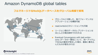 © 2019, Amazon Web Services, Inc. or its Affiliates. All rights reserved.
Amazon DynamoDB global tables
グローバルに分散した、⾼パフォーマンスな
アプリケーションを構築可能
read/writeはどのリージョンでも可能
リージョン間のデータのレプリケーションは
ほとんどの場合数秒で⾏われる
Eventual Convergence with last-writer-
wins (データの⼀貫性について、同⼀アイテム
でWriteの衝突が発⽣した場合、最後に書き込
んだものが優先される）
フルマネージドなNoSQLデータベースをグローバル規模で実現
 