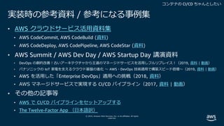 © 2019, Amazon Web Services, Inc. or its affiliates. All rights
reserved.
実装時の参考資料 / 参考になる事例集
• AWS クラウドサービス活⽤資料集
• AWS CodeCommit, AWS CodeBuild (資料)
• AWS CodeDeploy, AWS CodePipeline, AWS CodeStar (資料)
• AWS Summit / AWS Dev Day / AWS Startup Day 講演資料
• DevOps の劇的改善︕古いアーキテクチャから王道のマネージドサービスを活⽤しフルリプレイス︕（2019, 資料 | 動画）
• パナソニックの IoT 家電を⽀えるクラウド基盤の進化 〜 AWS・DevOps 技術適⽤で構築スピード倍増〜（2019, 資料 | 動画）
• AWS を活⽤した「Enterprise DevOps」適⽤への挑戦（2018, 資料）
• AWS マネージドサービスで実現する CI/CD パイプライン（2017, 資料 | 動画）
• その他の記事等
• AWS で CI/CD パイプラインをセットアップする
• The Twelve-Factor App （⽇本語訳）
 