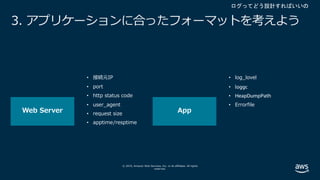 © 2019, Amazon Web Services, Inc. or its affiliates. All rights
reserved.
3. アプリケーションに合ったフォーマットを考えよう
• 接続元IP
• port
• http status code
• user_agent
• request size
• apptime/resptime
• log_lovel
• loggc
• HeapDumpPath
• Errorfile
 