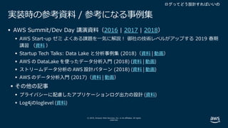 © 2019, Amazon Web Services, Inc. or its affiliates. All rights
reserved.
実装時の参考資料 / 参考になる事例集
§ AWS Summit/Dev Day 講演資料（2016 | 2017 | 2018）
§ AWS Start-up ゼミ よくある課題を⼀気に解説︕ 御社の技術レベルがアップする 2019 春期
講習 （資料 ）
§ Startup Tech Talks: Data Lake と分析事例集 (2018)（資料 | 動画）
§ AWS の DataLake を使ったデータ分析⼊⾨ (2018) (資料 | 動画)
§ ストリームデータ分析の AWS 設計パターン (2018) (資料 | 動画)
§ AWS のデータ分析⼊⾨ (2017)（資料 | 動画）
§ その他の記事
§ プライバシーに配慮したアプリケーションログ出⼒の設計 (資料)
§ Log4jのloglevel (資料)
 