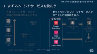 © 2019, Amazon Web Services, Inc. or its affiliates. All rights
reserved.
1. まずマネージドサービスを使おう
• 各種マネージドサービスで
⾃分の責任範囲を⼩さくする
セキュリティを自動化するにはどうすれば
• セキュリティ系マネージドサービスで
低コストに⾼機能を得る
Amazon
EC2
AWS
Fargate
AWS
Lambda
※ 参考︓責任共有モデル | AWS
お客様の
責務
AWS の
責務
Amazon
GuardDuty
コンピューティング
サービスの例
AWS Security
Hub
AWS Config
AWS
CloudTrail
Amazon
CloudWatch
Events
集約/把握 対応
Action!
 