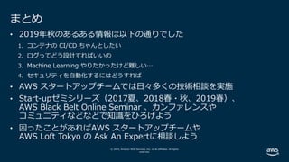 © 2019, Amazon Web Services, Inc. or its affiliates. All rights
reserved.
まとめ
• 2019年秋のあるある情報は以下の通りでした
1. コンテナの CI/CD ちゃんとしたい
2. ログってどう設計すればいいの
3. Machine Learning やりたかったけど難しい…
4. セキュリティを⾃動化するにはどうすれば
• AWS スタートアップチームでは⽇々多くの技術相談を実施
• Start-upゼミシリーズ（2017夏、2018春・秋、2019春）、
AWS Black Belt Online Seminar 、カンファレンスや
コミュニティなどなどで知識をひろげよう
• 困ったことがあればAWS スタートアップチームや
AWS Loft Tokyo の Ask An Expertに相談しよう
 