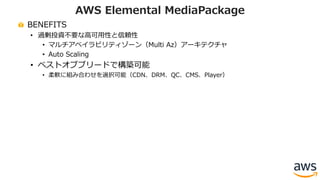 BENEFITS
• 過剰投資不要な⾼可⽤性と信頼性
• マルチアベイラビリティゾーン（Multi Az）アーキテクチャ
• Auto Scaling
• ベストオブブリードで構築可能
• 柔軟に組み合わせを選択可能（CDN、DRM、QC、CMS、Player）
AWS Elemental MediaPackage
 