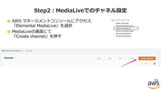 AWS マネージメントコンソールにアクセス
「Elemental MediaLive」を選択
MediaLiveの画⾯にて
「Create channel」を押す
33
Step2：MediaLiveでのチャネル設定
 