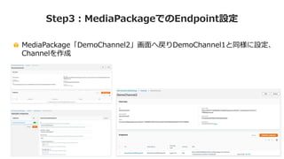 MediaPackage「DemoChannel2」画⾯へ戻りDemoChannel1と同様に設定、
Channelを作成
Step3：MediaPackageでのEndpoint設定
 