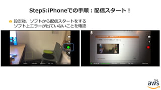 設定後、ソフトから配信スタートをする
ソフト上エラーが出ていないことを確認
54
Step5:iPhoneでの⼿順：配信スタート！
 