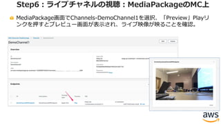 MediaPackage画⾯でChannels-DemoChannel1を選択、「Preview」Playリ
ンクを押すとプレビュー画⾯が表⽰され、ライブ映像が映ることを確認。
Step6：ライブチャネルの視聴：MediaPackageのMC上
 