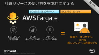 © 2017, Amazon Web Services, Inc. or its Affiliates. All rights reserved.
計算リソースの使い⽅を根本的に変える
簡素で、使いやすく、
強⼒な
新しいリソース消費モデル
=インスタンス
管理不要
タスク
ネイティブAPI
リソース
ベースの価格
EKS対応：2018年ECS対応：正式リリース
 