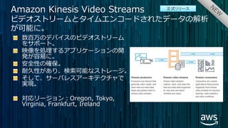 数百万のデバイスのビデオストリーム
をサポート。
映像を処理するアプリケーションの開
発が容易に。
安全性の確保。
耐久性があり、検索可能なストレージ。
そして、サーバレスアーキテクチャで
実現。
対応リージョン：Oregon, Tokyo,
Virginia, Frankfurt, Ireland
Amazon Kinesis Video Streams
ビデオストリームとタイムエンコードされたデータの解析
が可能に。
正式リリース
 