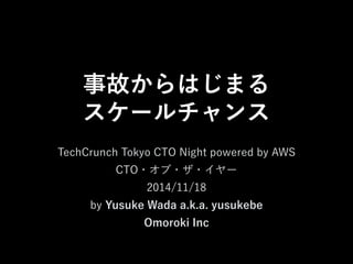 事故からはじまる 
スケールチャンス 
TechCrunch Tokyo CTO Night powered by AWS 
CTO・オブ・ザ・イヤー 
2014/11/18 
by Yusuke Wada a.k.a. yusukebe 
Omoroki Inc 
 