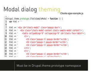 Modal dialog theming             Ctools-ajax-sample.js




    Must be in Drupal.theme.prototype namespace
 