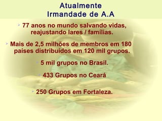 Atualmente
Irmandade de A.A
 77 anos no mundo salvando vidas,
reajustando lares / famílias.
 Mais de 2,5 milhões de membros em 180
países distribuídos em 120 mil grupos.
 5 mil grupos no Brasil.
 433 Grupos no Ceará
 250 Grupos em Fortaleza.
 