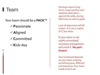 TeamStartups require long hours, huge sacrifice and absolute dedication-- against the odds, during bad times as well as good.Your team should be a PACK™Passionate