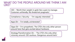 WHAT DO THE PEOPLE AROUND ME THINK I AM
LIKE?
CIO – ‘Worth their weight in gold. But a pain to manage.
Customer unfriendly. No threat/not pragmatic.’
Apps Dir – ‘I’m totally uninterested’
Opps Dir – I’m sympathetic. The CTO’s the only other person
around here that gets excited about hardware.
Strategy/Transformation Dir – ‘The CTO’s the only other
visionary around. CIO cautious. Dangerous around tech.’
Compliance / Security – ‘I’m vaguely interested.’
 