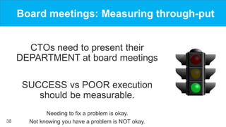 38
Board meetings: Measuring through-put
CTOs need to present their
DEPARTMENT at board meetings
SUCCESS vs POOR execution...
