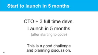 43
Start to launch in 5 months
CTO + 3 full time devs.
Launch in 5 months
(after starting to code)
This is a good challeng...