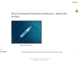 STKI IT Knowledge Integrators
Company Confidential
STKI.INFO
49
Copyright@STKI_2022 Do not remove source or attribution from any slide, graph or portion of graph
Micro Frontends frontend architecture– above the
surface
Above the surface
Page 49
 