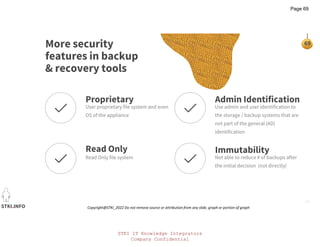 STKI IT Knowledge Integrators
Company Confidential
STKI.INFO
69
Copyright@STKI_2022 Do not remove source or attribution from any slide, graph or portion of graph
More security
features in backup
& recovery tools
Proprietary
Read Only
Admin Identification
Immutability
Page 69
 
