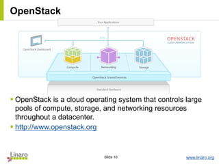 www.linaro.orgSlide 10
OpenStack
 OpenStack is a cloud operating system that controls large
pools of compute, storage, and networking resources
throughout a datacenter.
 http://www.openstack.org
 
