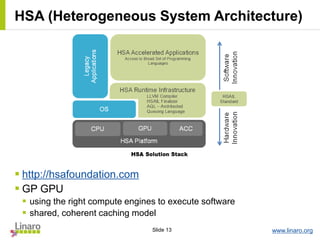 www.linaro.orgSlide 13
HSA (Heterogeneous System Architecture)
 http://hsafoundation.com
 GP GPU
 using the right compute engines to execute software
 shared, coherent caching model
 