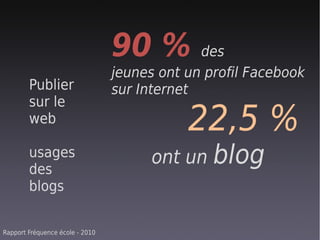90 %         des
                                 jeunes ont un profil Facebook
        Publier                  sur Internet
        sur le
        web                                 22,5 %
        usages                         ont un blog
        des
        blogs


Rapport Fréquence école - 2010
 