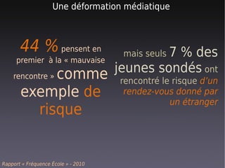 Une déformation médiatique



       44 % pensent en               mais seuls 7
                                              % des
     premier à la « mauvaise

    rencontre » comme
                             jeunes sondés ont
                              rencontré le risque d’un
       exemple de                    rendez-vous donné par
                                               un étranger
         risque


Rapport « Fréquence École » - 2010
 