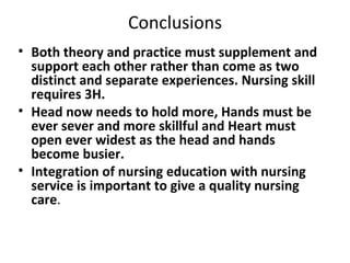 Conclusions
• Both theory and practice must supplement and
  support each other rather than come as two
  distinct and separate experiences. Nursing skill
  requires 3H.
• Head now needs to hold more, Hands must be
  ever sever and more skillful and Heart must
  open ever widest as the head and hands
  become busier.
• Integration of nursing education with nursing
  service is important to give a quality nursing
  care.
 