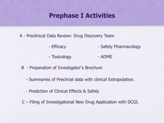 Prephase I Activities
A - Preclinical Data Review: Drug Discovery Team
- Efficacy - Safety Pharmacology
- Toxicology - ADME
B - Preparation of Investigator’s Brochure
- Summaries of Preclinial data with clinical Extrapolation.
- Prediction of Clinical Effects & Safety
C – Filing of Investigational New Drug Application with DCGI.
 