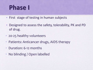 Phase I
• First stage of testing in human subjects
• Designed to assess the safety, tolerability, PK and PD
of drug.
• 20-25 healthy volunteers
• Patients: Anticancer drugs, AIDS therapy
• Duration: 6-12 months
• No blinding / Open labelled
 
