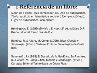 1-Referencia de un libro:
Autor -es o editor -es o compilador -es. (Año de publicación).
Título: subtítulo en letra itálica. (edición) Ejemplo: (10ª ed.).
Lugar de publicación: Casa editora.
Hemingway, E. (1999) El viejo y El mar. (2ª ed.) México D.F.:
Grupo Editorial Tormo S.A. de C.V.
Ramírez, R. & Alfaro, M. Comp. (1999) Etica, Ciencia y
Tecnología. (4ª ed.) Cartago: Editorial Tecnológica de Costa
Rica.
Sanmartín, J. (1999) El Desafío de la GenÉtica. En Ramírez,
R. & Alfaro, M. Comp. Etica, Ciencia y Tecnología. (4ª ed.)
Cartago: Editorial Tecnológica de Costa Rica.
 