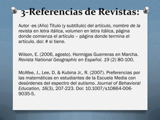 3-Referencias de Revistas:
Autor -es (Año) Título (y subtítulo) del artículo, nombre de la
revista en letra itálica, volumen en letra itálica, página
donde comienza el artículo – página donde termina el
artículo. doi: # si tiene.
Wilson, E. (2006, agosto). Hormigas Guerreras en Marcha.
Revista National Geographic en Español. 19 (2) 80-100.
McAfee, J., Lee, D. & Kubina Jr., R. (2007). Preferencias por
las matemáticas en estudiantes de la Escuela Media con
desórdenes del espectro del autismo. Journal of Behavioral
Education, 16(3), 207-223. Doi: 10.1007/s10864-006-
9035-5.
 