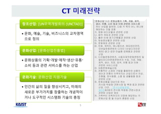 • 문화, 예술, 기술, 비즈니스의 교차영역
으로 정의
• 문화, 예술, 기술, 비즈니스의 교차영역
으로 정의
창조산업: [UN무역개발회의 (UNCTAD)]
• 문화상품의 기획·개발·제작·생산·유통·
소비 등과 관련 서비스를 하는 산업
• 문화상품의 기획·개발·제작·생산·유통·
소비 등과 관련 서비스를 하는 산업
문화산업: [문화산업진흥법]
• 인간의 삶의 질을 향상시키고, 미래의
새로운 부가가치를 창출하는 개념적이
거나 도구적인 시스템화 기술의 총칭
• 인간의 삶의 질을 향상시키고, 미래의
새로운 부가가치를 창출하는 개념적이
거나 도구적인 시스템화 기술의 총칭
문화기술: 문화산업 지원기술
5
"문화산업"이란 문화상품의 기획, 개발, 제작,
생산, 유통, 소비 등과 이에 관련된 서비스를
하는 산업을 말하며, 다음 각 목의 어느 하나에
해당하는 것을 포함
가. 영화·비디오물과 관련된 산업
나. 음악·게임과 관련된 산업
다. 출판·인쇄·정기간행물과 관련된 산업
라. 방송영상물과 관련된 산업
마. 문화재와 관련된 산업
바. 만화, 캐릭터, 애니메이션, 에듀테인먼트,
모바일문화콘텐츠·디자인 (산업디자인은
제외)·광고·공연·미술품·공예품과 관련된
산업
사. 디지털문화콘텐츠, 사용자제작문화콘텐츠 및
멀티미디어문화콘텐츠의 수집, 가공, 개발,
제작, 생산, 저장, 검색, 유통 등과 이에
관련된 서비스산업
아. 대중문화예술산업
자. 전통적인 소재와 기법을 활용하여 상품의
생산과 유통이 이루어지는 산업으로서 의상,
조형물, 장식용품, 소품 및 생활용품 등과
관련된 산업
차. 문화상품을 대상으로 하는
전시회·박람회·견본시장 및 축제 등과 관련된
산업. 다만, 「전시산업발전법」
제2조제2호의 전시회·박람회·견본시장과
관련된 산업은 제외
카. 가목부터 차목까지의 규정에 해당하는 각
문화산업 중 둘 이상이 혼합된 산업
 