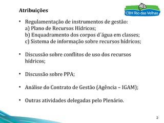 2
• Regulamentação de instrumentos de gestão:
a) Plano de Recursos Hídricos;
b) Enquadramento dos corpos d´água em classes;
c) Sistema de informação sobre recursos hídricos;
• Discussão sobre conflitos de uso dos recursos
hídricos;
• Discussão sobre PPA;
• Análise do Contrato de Gestão (Agência – IGAM);
• Outras atividades delegadas pelo Plenário.
Atribuições
 