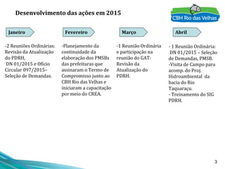 3
-2 Reuniões Ordinárias:
Revisão da Atualização
do PDRH,
DN 01/2015 e Ofício
Circular 097/2015–
Seleção de Demandas.
Desenvolvimento das ações em 2015
Janeiro Fevereiro
-Planejamento da
continuidade da
elaboração dos PMSBs
das prefeituras que
assinaram o Termo de
Compromisso junto ao
CBH Rio das Velhas e
iniciaram a capacitação
por meio do CREA.
Março Abril
-1 Reunião Ordinária
e participação na
reunião do GAT:
Revisão da
Atualização do
PDRH.
- 1 Reunião Ordinária:
DN 01/2015 – Seleção
de Demandas, PMSB.
-Visita de Campo para
acomp. do Proj.
Hidroambiental da
bacia do Rio
Taquaraçu.
- Treinamento do SIG
PDRH.
 